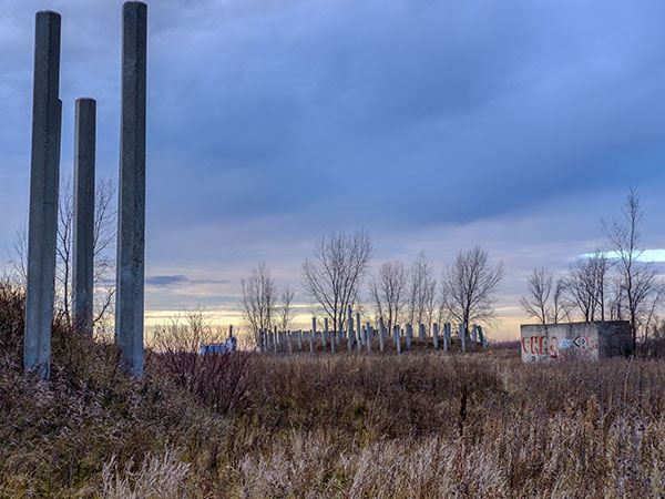 Concrete piles remaining from the abortive British-American cement plant
