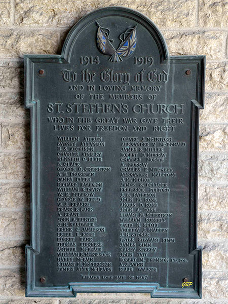 First World War service plaque for the St. Stephen’s Presbyterian Church