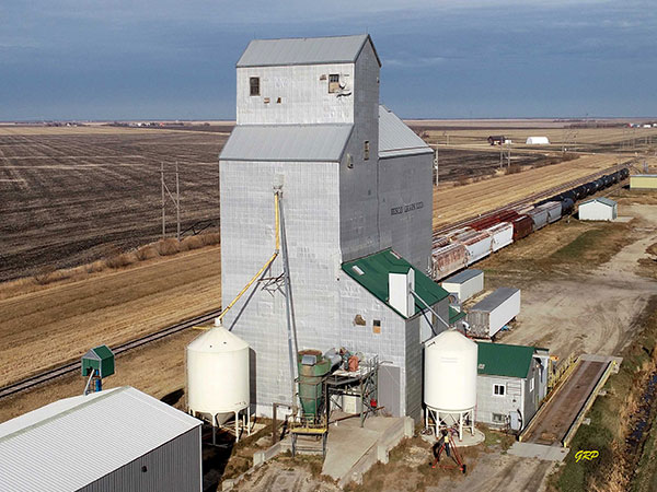 Aerial view of the former Manitoba Pool grain elevator at Brunkild