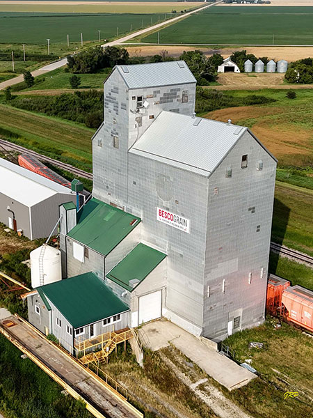 Aerial view of the Besco grain elevator at Brunkild