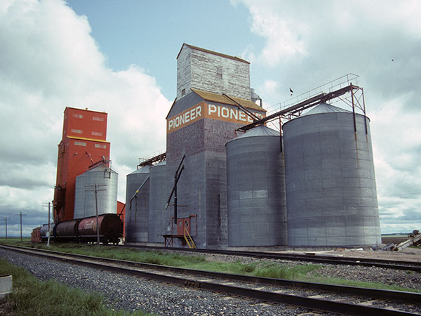 Pioneer grain elevators at Carey, the foreground one being a former Manitoba Pool elevator