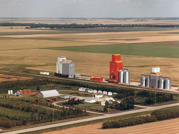 Aerial view of the grain elevators at Carey