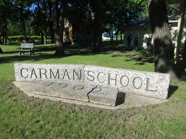 Name stone from the former Carman School, now located at the Dufferin Historical Society Museum