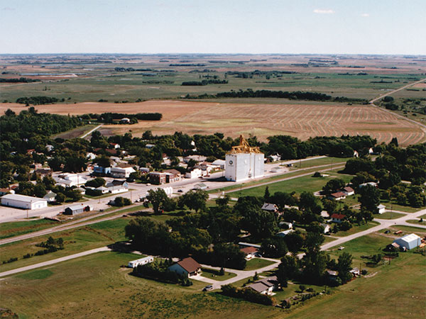 Aerial view of the former Manitoba Pool grain elevator at Cartwright