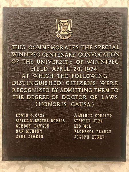 Commemorative plaque for citizens receiving honorary doctorates from the University of Winnipeg in April 1974