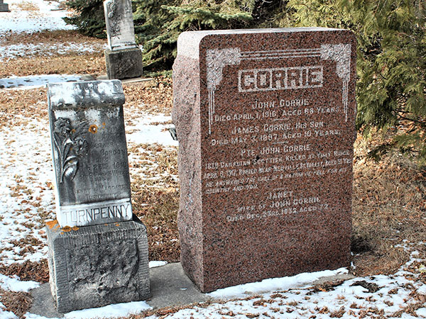 Monument to war veteran Private John Corrie, killed at Vimy Ridge on 9 April 1917 and buried near Neuville, St. Voaaste
