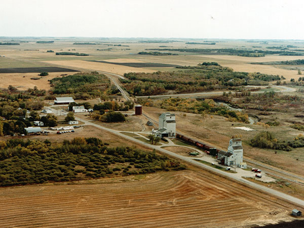 Aerial view of grain elevators at Clearwater