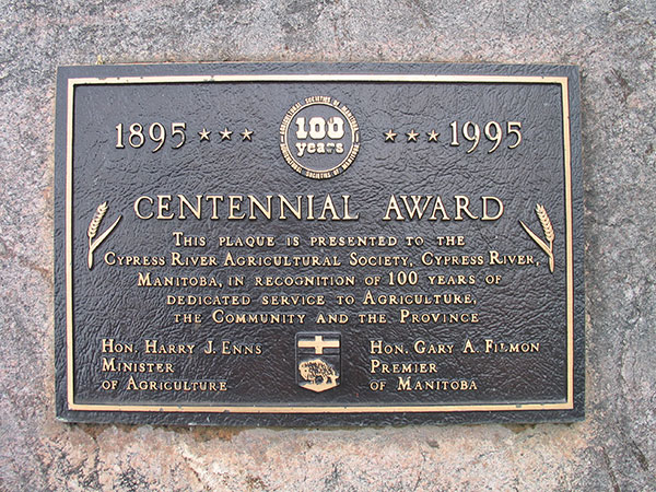 Plaque on the Cypress River Agricultural Society commemorative monument