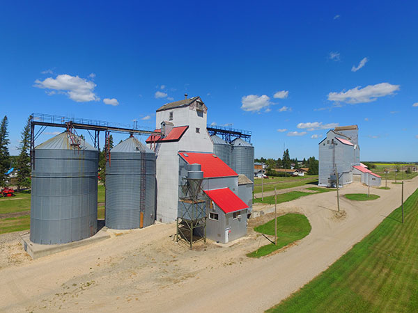Aerial view of the grain elevators at Cypress River