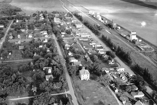 Aerial view of grain elevators at Cypress River