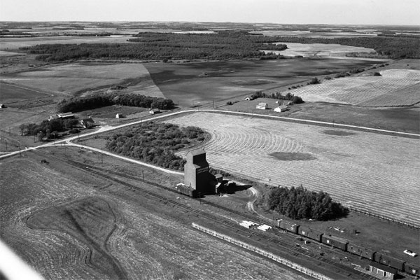 Aerial view of grain elevators at Libau