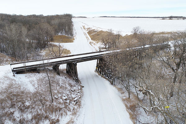 Aerial view of the former Canadian National Railway Bridge near Deerwood