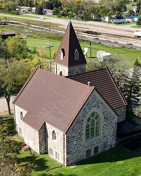 Aerial view of the former Deloraine Presbyterian Church