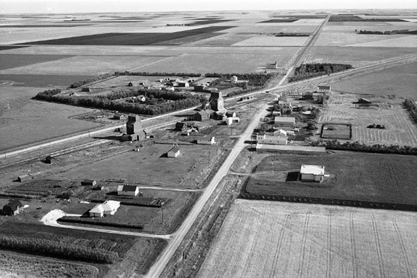 Aerial view of grain elevators at Domain