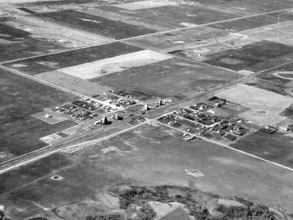 Aerial view of the grain elevators at Dunrea