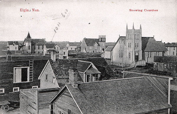 View of churches in Elgin, including the Presbyterian Church at left, United Church in centre, and Anglican Church at right