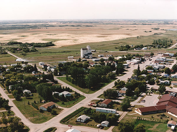 Aerial view of the Manitoba Pool elevator at Elkhorn