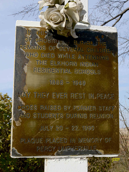 Commemorative plaque in the Elkhorn Indian Residential School Cemetery