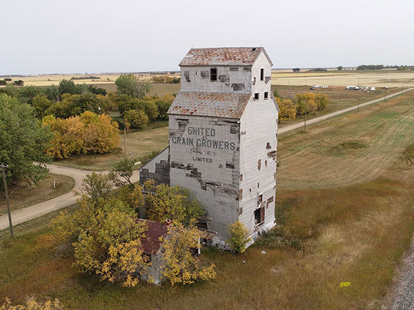 Aerial view of the former United Grain Growers grain elevator at Elva