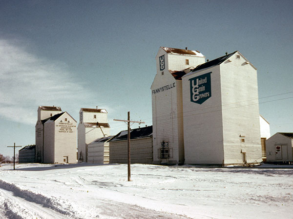 Grain elevators at Fannystelle: Manitoba Pool at left, Canadian Consolidated in centre, and Paterson at right