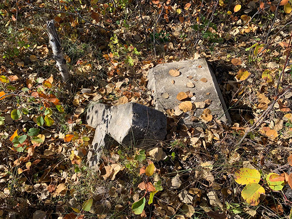Overgrown grave marker in the Fort Ellice Cemetery
