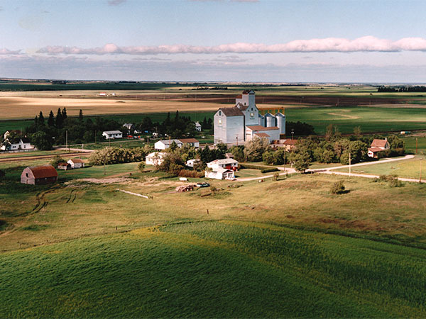 Aerial view of the Manitoba Pool grain elevator at Franklin