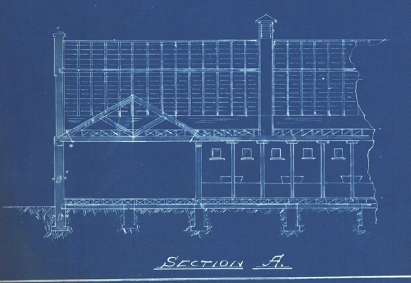 Architectural plans for the cross section A of the Glesby Stable