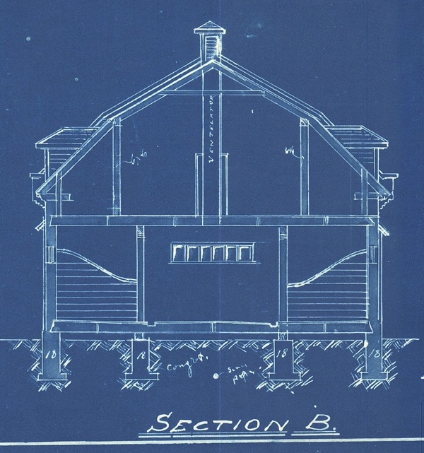 Architectural plans for the cross section B of the Glesby Stable