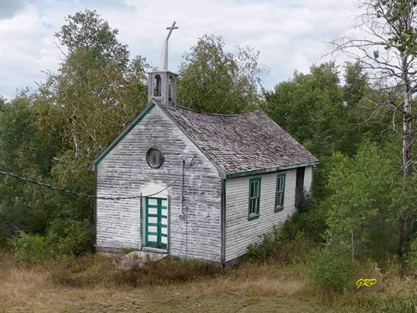 Aerial view of the former Gypsumville Catholic Church building