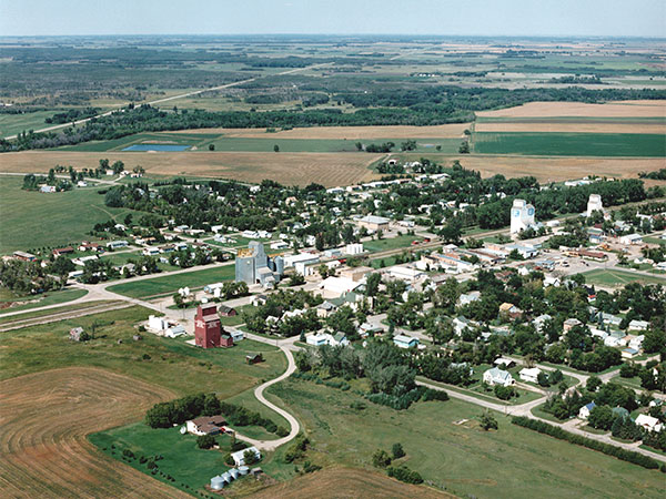Aerial view of the grain elevators at Hartney