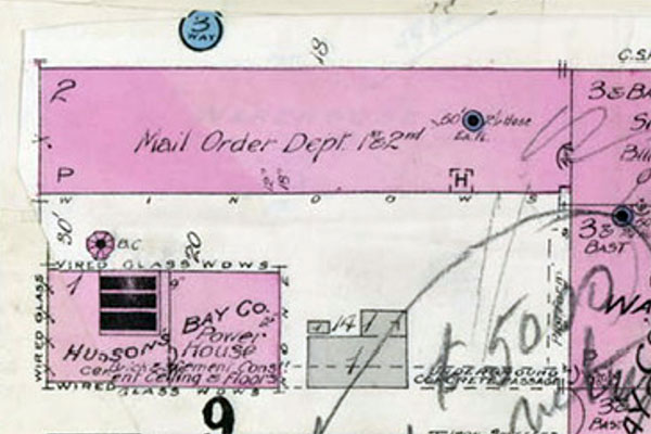 Fire insurance map showing the Hudson’s Bay Company Powerhouse in lower left corner