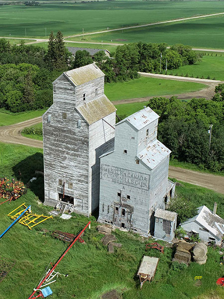 Aerial view of the former Manitoba Pool grain elevators at Isabella