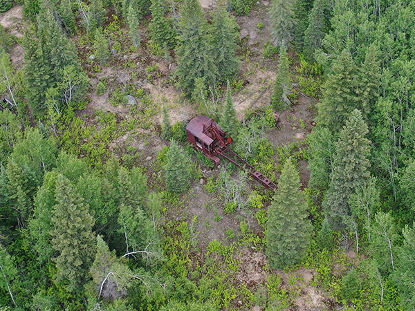 Dragline used to construct the Kanuchuan Generating Station standing abandoned in the forest