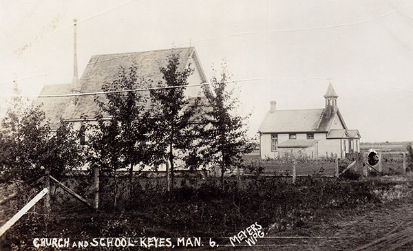 Postcard view of Keyes School at right
