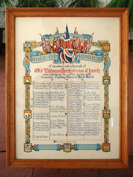Second World War Honour Roll of Kildonan Presbyterian Church