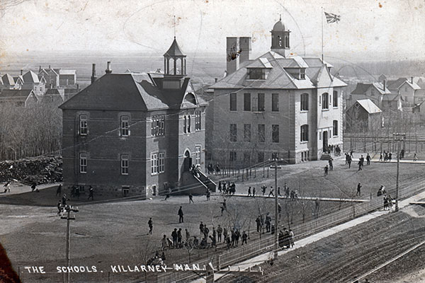 Postcard view of Killarney Elementary School, left, and Killarney High School, right