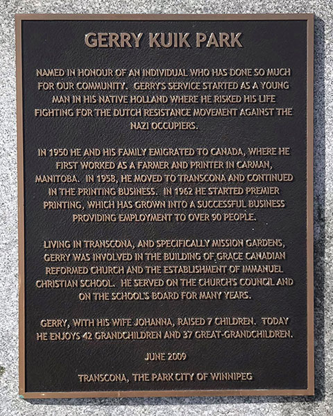 Plaque in Gerry Kuik Park
