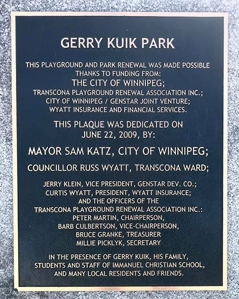 Plaque in Gerry Kuik Park