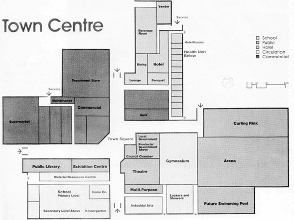 Map of the Leaf Rapids Town Centre showing the location of the Exhibition Centre