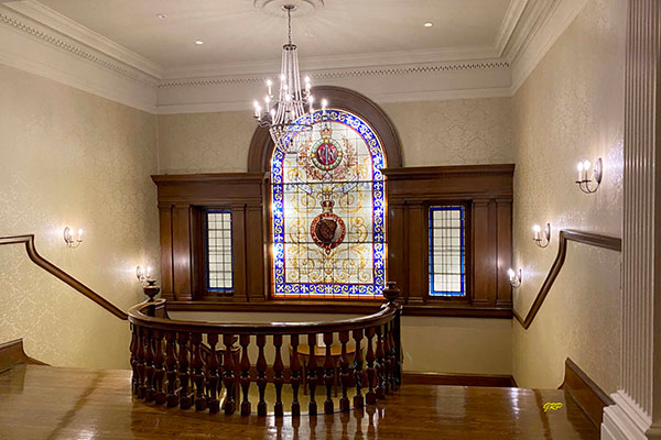 Queen Victoria diamond jubilee stained-glass window in the Manitoba Club's main staircase