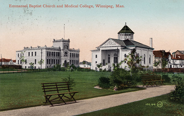 Postcard view of the 750 Bannatyne building of the Manitoba Medical College at left with the Emmanuel Baptist Church, now demolished, at right