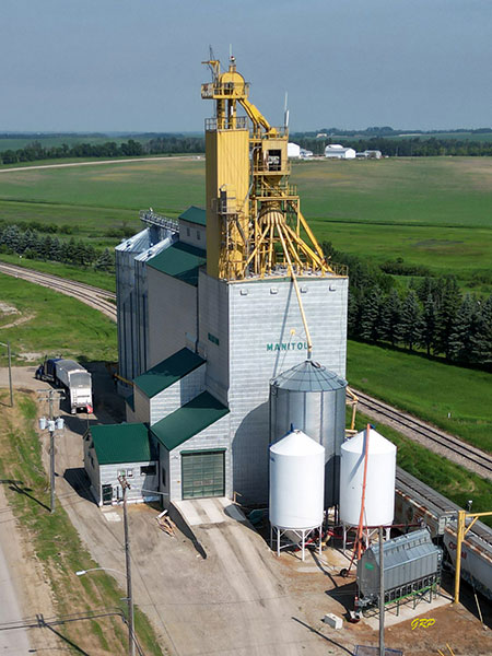 Aerial view of the former Manitoba Pool grain elevator at Manitou