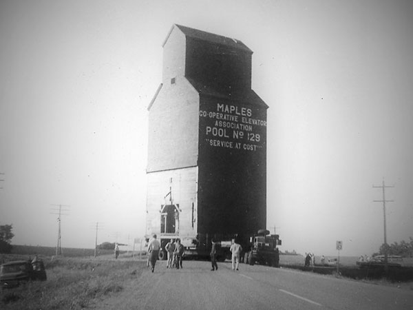 The Manitoba Pool grain elevator at Maples being moved to Virden
