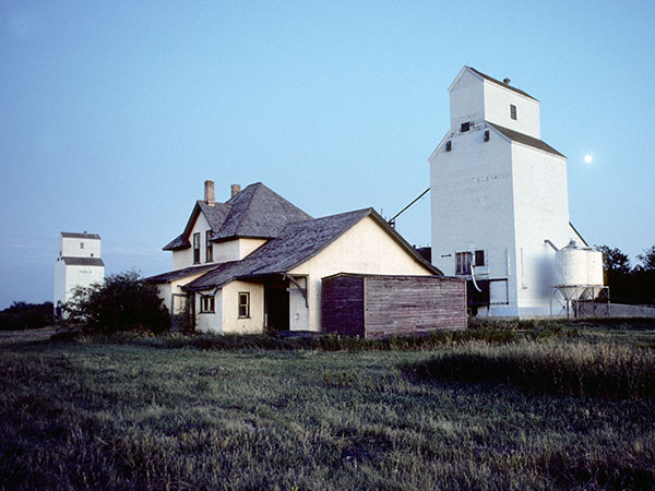 McConnell railway station (now at the Hamiota Pioneer Club Museum) with Manitoba Pool A at right and Pool B at left