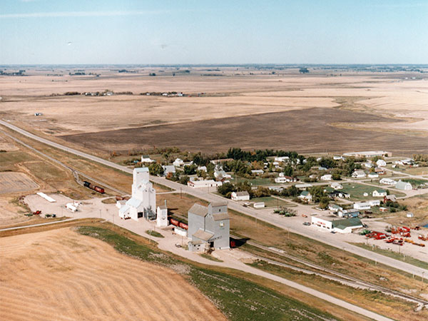 Aerial view of the grain elevators at Medora