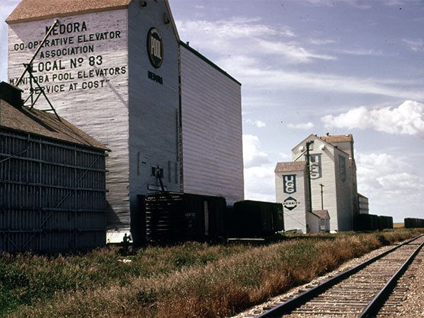 Manitoba Pool grain elevator and United Grain Growers grain elevator at Medora
