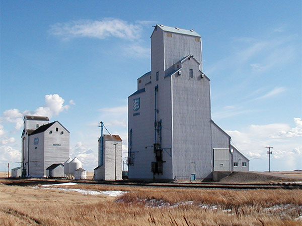 United Grain Growers grain elevator and Manitoba Pool grain elevator at Medora