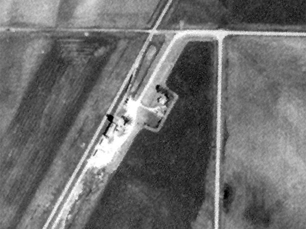 Aerial view of the Manitoba Pool grain elevator at Menteith