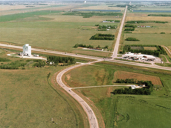 Aerial view of the Manitoba Pool grain elevator at Mile 142.4