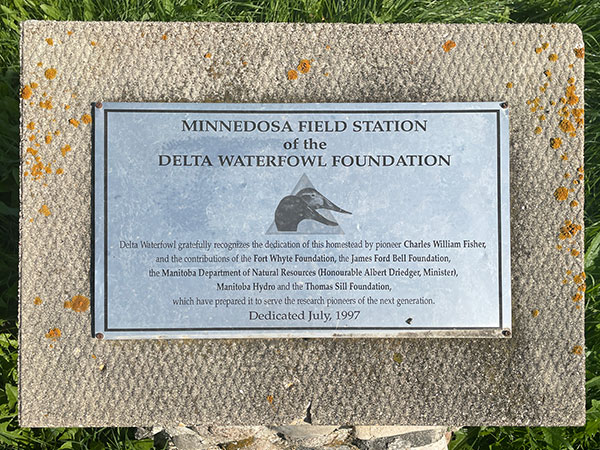 Delta Waterfowl Foundation commemorative plaque on the Minnedosa Field Station Monument